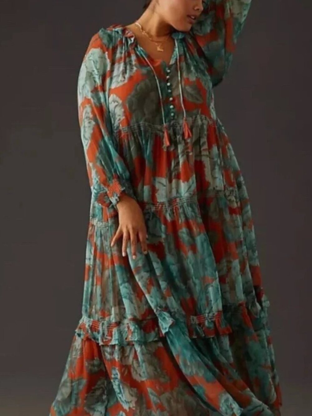 Anthropologie The Marais Chiffon Maxi Dress Blue Orange Floral Size 3XL *No Slip